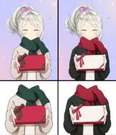 artist:nizimalive asset bow christmas clothes holding jacket png present scarf shirt tos:follow_required tos:retweet_required with_arms // 905x1059 // 55KB